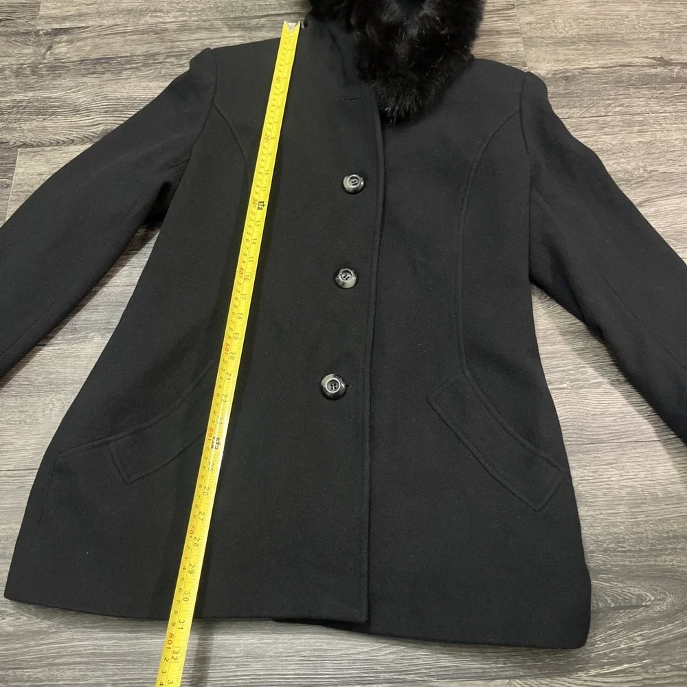 Sachi Collection Black Cashmere Blend women's Coat Size PL  Finland Fox Fur Trim - Picture 3 of 15